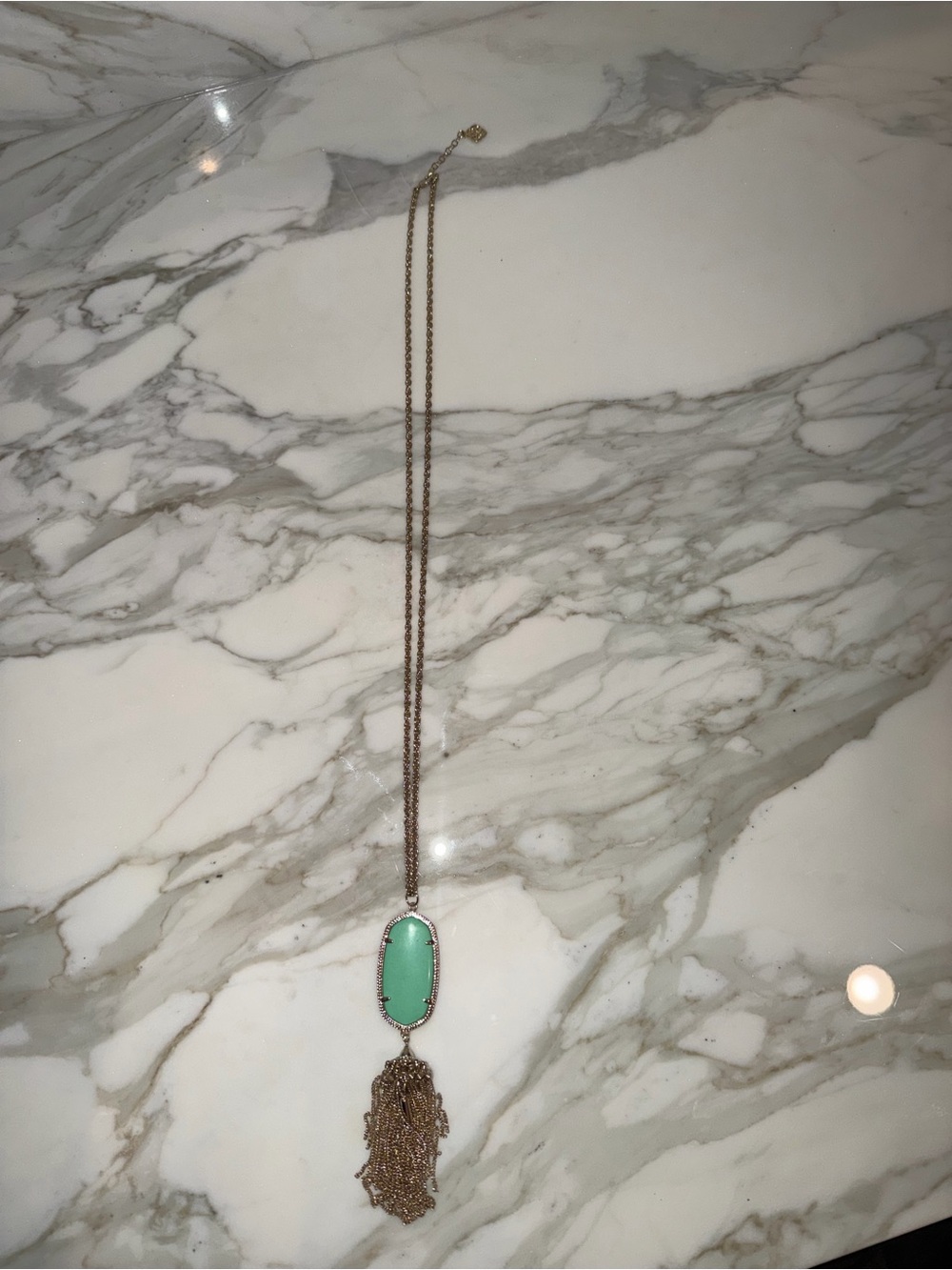 Kendra Scott Gold-Tone Long Pendant Necklace with Mint Green Stone and Tassel